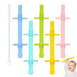 lot 15558 image: Fu Store Hollow Teether Tube with Safety Shield, 5 Pack Chew Straw Toy for Infant Toddlers Silicone Teething Toys for Babies 3-12 Months BPA FreeFreezableDishwasher and Refrigerator Safe