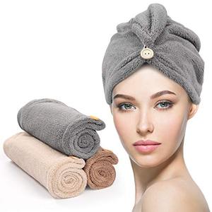 lot 15569 image: YFONG Microfiber Hair Towel 3 Pack, Hair Towel with Button, Super Absorbent Hair Towel Wrap for Curly Hair, Fast Drying Hair Turban Towel for Women, Anti Frizz Microfiber Towel