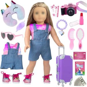 lot 15571 image: 18 Inch Girl Doll Clothes and Accessories Including Suitcase Clothes Shoes Sunglasses Camera Bracelet Travel Pillow etc.. Travel Play Set Fit 18 inch Girl Dolls