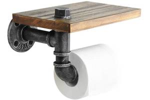 lot 15585 image: HOEMLIM Rustic Toilet Paper Holder Pipe with Shelf Industrial Toilet Roll Holder Wall Mount Farmhouse Wooden Toilet Tissue Paper Holder for Bathroom(Silver)