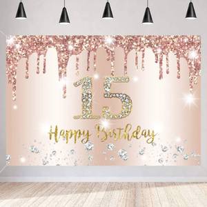 lot 15616 image: Happy 15th Birthday Decorations Birthday Backdrop Banner for Girls Happy 15 Years Old Party Fabric Sign Poster Girl Birthday Rosegold Photography Background 15th Birthday Party Supplies, 59x35.4