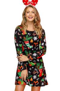 lot 15629 image: Ugly Christmas Dress for Women Casual Cute Print Swing Xmas Sock Gift Funny Crewneck Costume M