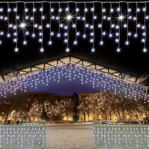lot 15637 image: Christmas Icicle Lights Outdoor Decoration, Cool White LED String Lights Lights 8 Modes, 30FT 300LED Hanging Twinkle Fairy Lights 60 Drops for Roof Window Home Party Garden Yard Christmas Decoration