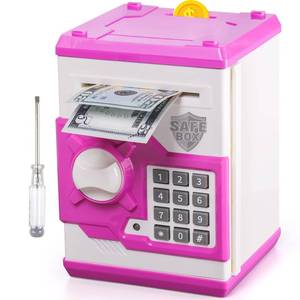 lot 15648 image: ATM Piggy Bank for Boys Girls, Vcertcpl Mini ATM Coin Bank Money Saving Box with Password, Kids Safe Money Jar for Adults with Auto Grab Bill Slot, Great Gift Toy Bank for Kids (PurpleWhite)