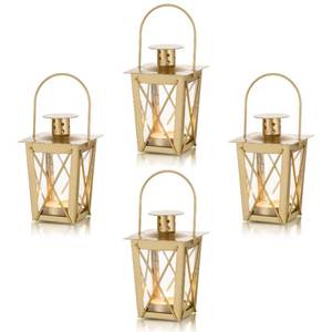 lot 15654 image: NUPTIO Candle Lanterns Decorative Indoor 4 Set of Gold Wedding Mini Lantern Centerpiece Rustic Hanging Metal Tea Light Candle Holder for Indoors Christmas Halloween Holiday Party Decorations