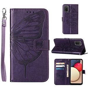 lot 15658 image: A02s Case,Wallet for Samsung A02s Case,KickstandWrist StrapCard Holder Slots Butterfly Floral Embossed PU Leather Flip Protective Cover for Galaxy A02s Case (Purple)