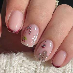 lot 15663 image: Christmas Short Fake Nails,Pink Press on Nails Square With Cute Gingerbread Man Snowflake Candy Cane Pattern Design False Nails Red French Tip Acrylic Nails Xmas Cherry Glue on Nails for Women 24Pcs