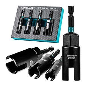 lot 15669 image: Libraton Wing Nut Driver 4PCS, Wing Nut Driver Bit, 14 Hex Shank Wing Nut Driver Set 9mm 12mm 15mm 18mm, Nut Driver Set with EVA storage for Hook Bolt Installation, Wire Twisting