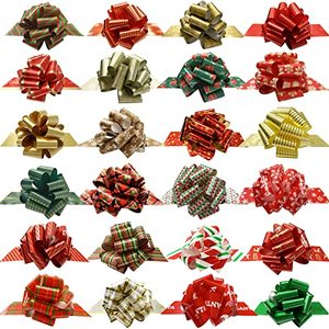 lot 15676 image: Christmas Gift Wrap Bows, Pull Bows with Ribbon for Gift Wrapping, 24 Pcs Foil Bows Assorted Patterns, Vintage Decoration for Holiday Present, Baskets, Bottle, Book, Bouquet(Easy to Assemble) (24)