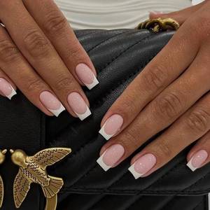 lot 15691 image: IMSOHOT Short Press on Nails Square White French Tip Fake Nails Glue on Nails Glossy Full Cover Nude False Nails Artificial Nails Stick on Nails Acrylic Nails for Women 24PCS