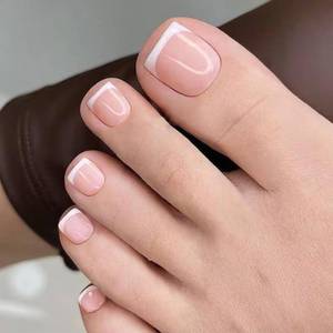 lot 15698 image: Pink Press on Toes Nails White French Tip Fake Toenails Pink Full Cover Toe Nails Press on Glossy Toenail Press ons Summer Acrylic Press on Toenails for Women 24 Pcs