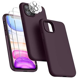 lot 15705 image: JTWIE 5 in 1 for iPhone 11 Case 6.1 inch, with 2 Pack Screen Protector  2 Pack Camera Lens Protector, Liquid Silicone Slim Shockproof Protective Phone Case Microfiber Lining (Dark Purple)