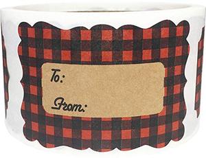 lot 15719 image: Red Buffalo Plaid Natural Kraft Gift Tags Holiday Present Stickers 2 x 3 Inch