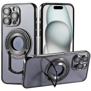 lot 15721 image: Luxury Plalting Magnetic Phone Case for iPhone 15 Pro Protective Cover with Magsafe Kickstand Screen Protector Silicone Shockproof Cases Men Women for Apple 15 Pro 6.7 inch - Black