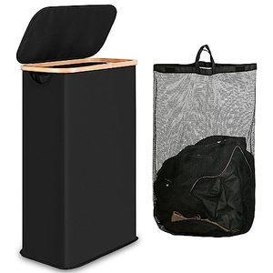 lot 15733 image: iEGrow 60L Slim Laundry Hamper with Lid,Black Hampers for Laundry,Narrow Laundry Basket with Removable Inner Bag & Bamboo Handles,Tall Thin Clothes Hamper for Clothes Toys Towels Organization