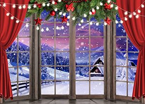 lot 15736 image: LYCGS 10X8FT Christmas Backdrop Xmas Window Photography Backdrop Winter Dream Wonderland Snow Tree Red Curtain Christma Photo Backdrop Studio Props Banner X-67