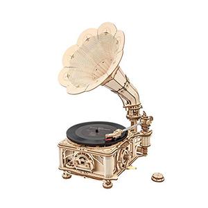 lot 15744 image: Retail $80.00 - RoWood Gramophone 3D Wooden Puzzle, Classical Mechanical Model Kit to Build - Ages 14 &amp Up - Dimensions 8.9 x 10.28 x 16.89 inches