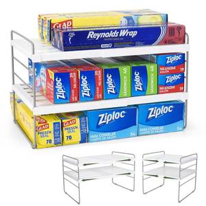 lot 15745 image: Pantry Organization and Storage for Kitchen - Expandable Kitchen Wrap Box Organizer Rack, Foil Organizer for Cabinet & Counter, Height & Width Adjustable Cupboard Storage Rack - (3 Tier 9.8 to 15.6L)