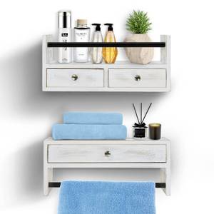 lot 15760 image: Y&ME YM Bathroom Shelf with Drawers Set of 2, Floating Nightstands for Bedroom, Wall Drawer and Towel Rack Mounted, Bathroom, Living Room, Kitchen (White)