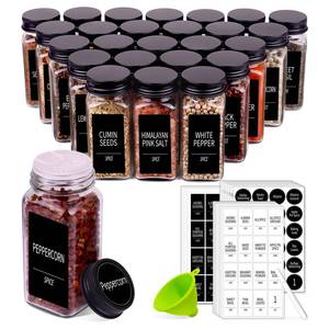 lot 15761 image: Churboro 36( or -) Spice Jars with 547 Labels- Glass Spice Jars with Black Metal Caps, 4oz Empty Spice Containers with Shaker Lids, Funnel, Chalk Pen, Square Seasoning Bottles for Spice Rack, Drawer, Cabinet