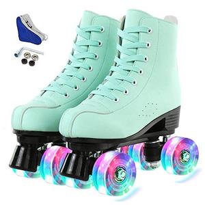 lot 15762 image: jessie PU Leather Roller Skates Roller Skates for Women Outdoor and Indoor Adjustable Four-Wheel Premium Roller Skates for Women Men Boys and Girls (Green Flash Wheel,Womens 5.5 Mens 4)