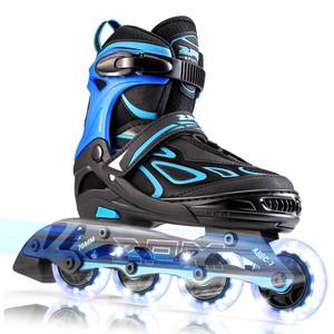 lot 15765 image: 2PM Sports Vinal Boys and Girls Adjustable Flashing Inline Skates, All Wheels Light Up, Fun Illuminating Skates for Kids and Men- Azure Medium(1Y-4Y US)