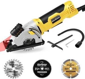 lot 15770 image: ENVENTOR Mini Circular Saw, 4.8A Electric Circular Saw Corded with Laser Guide, 4000RPM, 3 Saw Blades 3-38 Max Cutting Depth 1-116, Compact Hand Saw for Wood, Soft Metal, Tile, Plastic Cuts