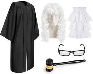 lot 15776 image: 5 Pcs Halloween Judge Costume Accessory Judge Robe False Collar and Wooden Gavel Wig and Glasses for Adult Halloween Cosplay (Fabric Collar)