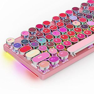 lot 15781 image: HUO JI Mechanical Gaming Keyboard Typewriter Style with RGB Side Lit and Rainbow Backlit, Retro Style, Blue Switches - Clicky, Metal Panel, Lipstick 104 Keys USB Wired for Mac, PC, Cute Pink - Retail $46.00