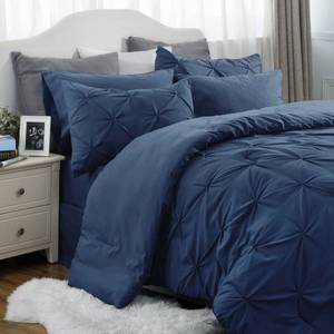 lot 15782 image: Bedsure Navy Comforter Set Queen - Bed in a Bag Queen 7 Pieces, Pintuck Bedding Sets Navy Blue Bed Set with Comforter, Sheets, Pillowcases & Shams