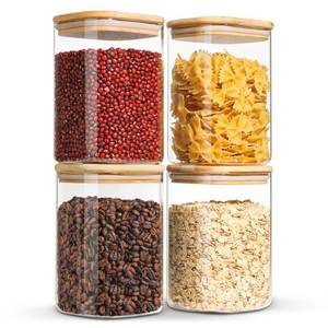 lot 15784 image: ComSaf Glass Storage Containers with Lids 37fl.oz, Glass Jars with Bamboo Lids, Clear Food Storage Jar, Glass Canister For Pantry Noodles Flour Cereal Rice Sugar Tea Coffee Beans, Square Set of 4