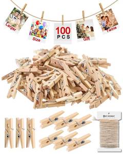 lot 15790 image: Mini Clothes Pins for Photo, Mini Clothespins, Upgraded 1.18 Picture String with Clips, Small Wooden Close Pins for Classroom Crafts Baby Clothesline Laundry Tiny Polaroid Display Kit, 100 PCS