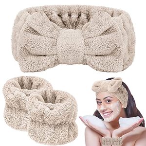 lot 15794 image: BESARME 3 Pieces Face Wash Headband and Wristband Set Soft Spa Headband and Wrist Towels for Women Makeup Skincare Headbands Wrist Bands for Washing Face(Light Coffee)