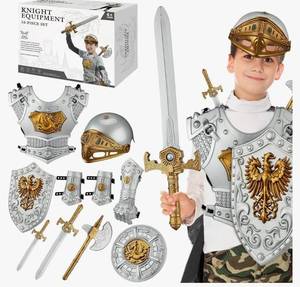 lot 15831 image: Eurzom 10 Pcs Knight Armor Set for Kids Medieval Knight Costume with Knight Helmet Sword Weapons Accessories for Back School Cosplay Party Dress up