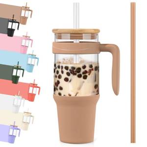 lot 15841 image: Tronco 40 oz Glass Tumbler with Handle, Reusable Glass Tumbler with Straw and Lid, Iced Coffee Cup with Bamboo Lid, Glass Water Bottles Fit in Cup Holder, Smoothie Cup Boba Cup