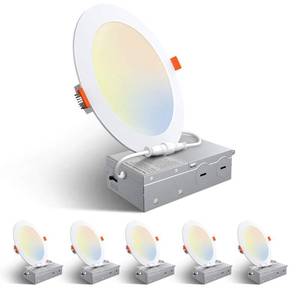 lot 15866 image: Amico 6 Pack 6 Inch 5CCT Ultra-Thin LED Recessed Ceiling Light with Junction Box, 2700K3000K3500K4000K5000K Selectable, 12W Eqv 110W 1050LM Brightness Dimmable Canless Wafer Downlight, ETL & FCC