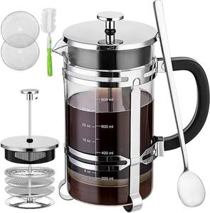 lot 15868 image: French Press Coffee Maker (21 oz) with 4 Filters - 304 Durable Stainless Steel, Heat Resistant Borosilicate Glass Coffee Press, BPA Free,Silver