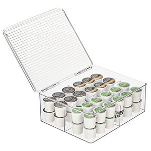 lot 15869 image: mDesign Plastic Stackable Pantry Divided Storage Bin Box with Lid, 4 Compartment - Coffee Pod and Kitchen Storage Organizer for Cabinet, Cupboard, Shelf, Counter - Includes  32 Labels - Clear