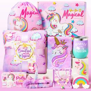 lot 15874 image: Qinline Unicorn Gifts for Girls, Easter Gift Box for 3 -12 Year Old ToddlerTeen Girls, Easter Unicorn Toys for Girls Age 4-6, Birthday Gifts with Glow in The Dark Blanket Cup Diary
