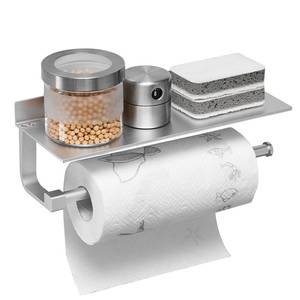 lot 15878 image: BESy Adhesive Paper Towel Holder Wall Mounted for Kitchen 13 in, Bathroom Tissue Roll Hanger with Storage Shelf, Space Aluminum, Self Adhesive with Glue or Wall Mount with Screws, Dull Polished Silver