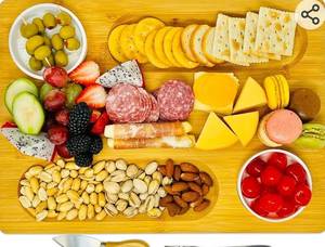 lot 15888 image: Bamboo Cheese Board with Knife, Bowl, Fork Set, Wood Charcuterie Platter & Food Serving Tray for Wine Glasses, Misoph Collection