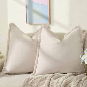 lot 16012 image: ZWJD Pillow Covers 20x20 Set of 2 Beige Throw Pillow Covers with Fringe Chic Cotton Decorative Pillows Square Cushion Covers for Sofa Couch Bed Living Room Farmhouse Boho Decor