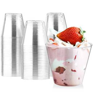 lot 16031 image: Eupako 5 oz Clear Plastic Dessert Cups 100 Pack Small Clear Plastic Tumbler Cups Great for Desserts, Appetizers, Puddings, Mousse