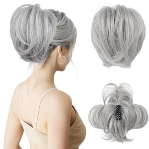 lot 16078 image: HOOJIH Messy Bun Hair Piece, Claw Clip in Straight Hair Bun 9 Inch Short Ponytail Extension with Bendable Metal Wire Hair Pieces for Women Fake Hair Bun DIY Styles - Silver Gray With Brown mixed