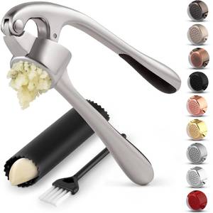 lot 16081 image: Zulay Kitchen Premium Garlic Press Set - Rust Proof & Dishwasher Safe Professional Garlic Mincer Tool - Easy-Squeeze, Easy-Clean with Soft, Ergonomic Handle - Silicone Garlic Peeler & Brush (Silver)
