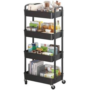 lot 16102 image: Sywhitta 4-Tier Plastic Rolling Utility Cart with Handle, Multi-Functional Storage Trolley for Office, Living Room, Kitchen, Movable Storage Organizer with Wheels, Black
