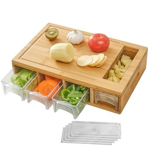 lot 16106 image: NOVAYEAH Bamboo Cutting Board with 4 Containers, Large Chopping Board with Juice Grooves, Easy-grip Handles & Food Sliding Opening, Carving Board with Trays for Food Storage, Transport and Cleanup