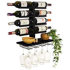 lot 16115 image: Black Wine Rack Wall Mounted with Shelf for 8 Wine Bottles & Glasses - Wood Rustic Wine Glass Floating Rack with Stemware Hanger. Wine Decor and Storage Holder for Kitchen, Living Room & Bar