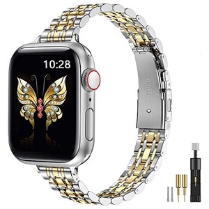 lot 16122 image: MioHHR Slim Metal Band Compatible with Apple Watch Band 41mm 40mm 38,mm,Dressy Stainless Steel Chain Strap for Women iWatch Bands Series 9 8 7 6 5 4 3 2 1 SE,SilverGold