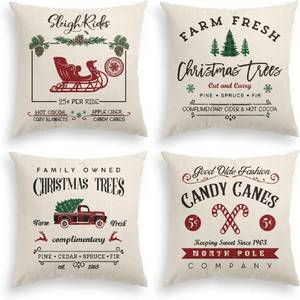 lot 16129 image: ESINO Throw Pillow Cover 18x18 Inches Set of 4, Linen Square Zippered Pillows Cover Xmas Pillows Decorative, Rustic Farmhouse Christmas Throw Pillow Covers for Sofa Couch Home Decor